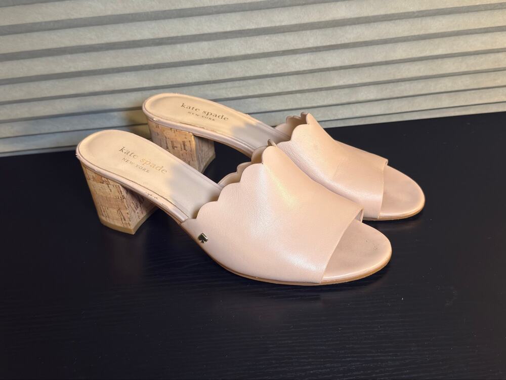 Kate Spade New York Scalloped Leather Cork Block Heel Slide Sandals Blush Wmns 8